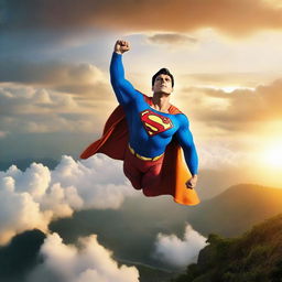 Superman soars high in the sky over the breathtaking landscapes of Sri Lanka, with the sun setting in the background casting an orange glow.