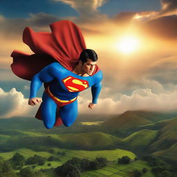 Superman soars high in the sky over the breathtaking landscapes of Sri Lanka, with the sun setting in the background casting an orange glow.