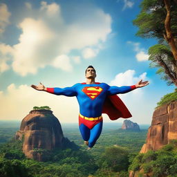 Superman gracefully soaring in the clear blue sky over the majestic Sigiriya rock fortress in Sri Lanka, surrounded by lush greenery.