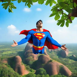 Superman gracefully soaring in the clear blue sky over the majestic Sigiriya rock fortress in Sri Lanka, surrounded by lush greenery.