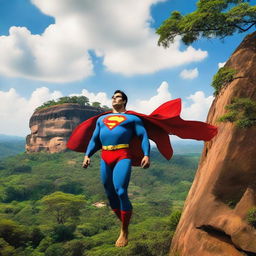 Superman gracefully soaring in the clear blue sky over the majestic Sigiriya rock fortress in Sri Lanka, surrounded by lush greenery.