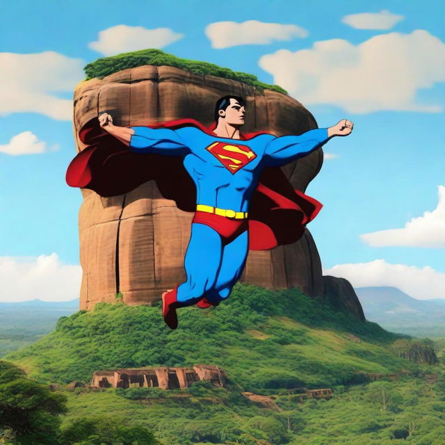 Superman gracefully soaring in the clear blue sky over the majestic Sigiriya rock fortress in Sri Lanka, surrounded by lush greenery.