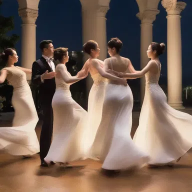 During a moonlit ball, an octet of elegant dancers gracefully swayed to the enchanting music.