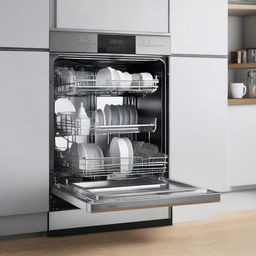 A modern, silver dishwasher with sparkling interior and digital panel