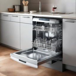 A modern, silver dishwasher with sparkling interior and digital panel