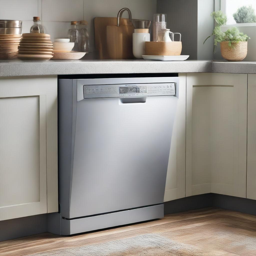 A modern, silver dishwasher with sparkling interior and digital panel