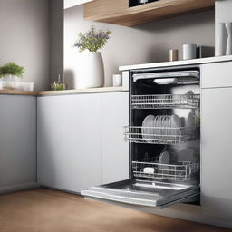 A modern, silver dishwasher with sparkling interior and digital panel