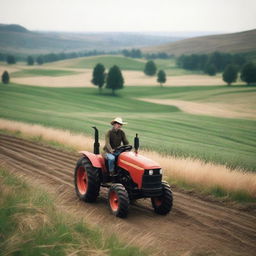 A young man riding a tractor on a vast, empty land with a 4k quality portrayal of the beautiful nature surrounding him.