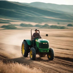 A young man riding a tractor on a vast, empty land with a 4k quality portrayal of the beautiful nature surrounding him.