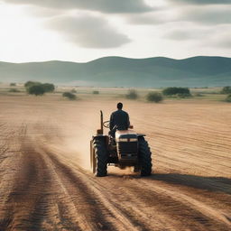 A young man riding a tractor on a vast, empty land with a 4k quality portrayal of the beautiful nature surrounding him.