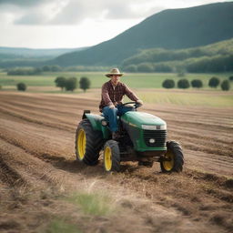 A young man riding a tractor on a vast, empty land with a 4k quality portrayal of the beautiful nature surrounding him.