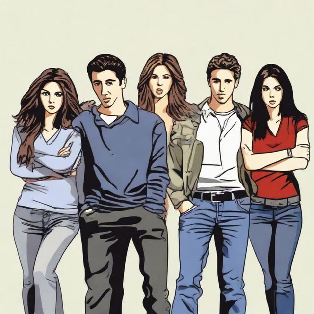 Artistic rendition of the cast of the TV show 'Friends' with aggressive postures, furrowed brows, and confrontational expressions, to suggest rivalry rather than friendship.