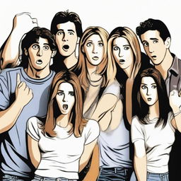 Artistic rendition of the cast of the TV show 'Friends' with aggressive postures, furrowed brows, and confrontational expressions, to suggest rivalry rather than friendship.