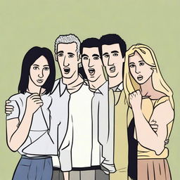 Artistic rendition of the cast of the TV show 'Friends' with aggressive postures, furrowed brows, and confrontational expressions, to suggest rivalry rather than friendship.