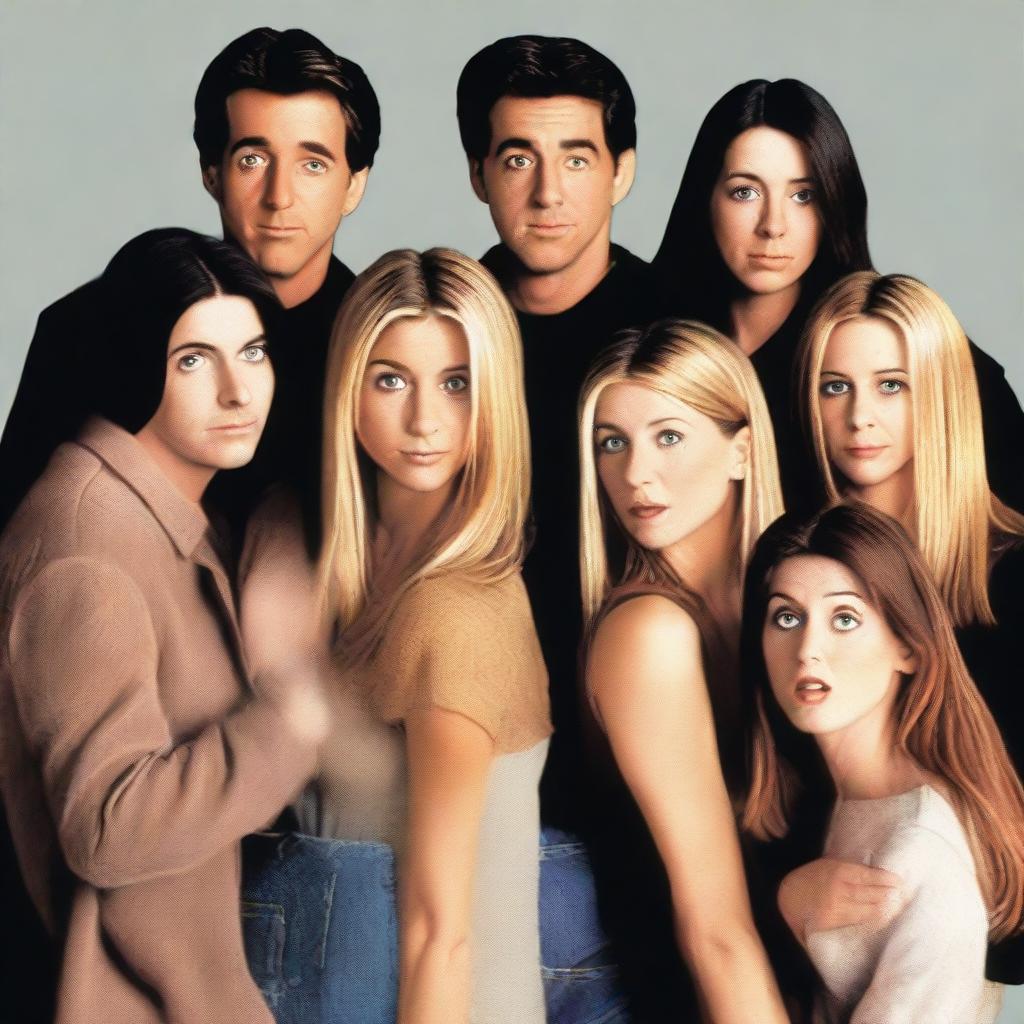 Artistic rendition of the cast of the TV show 'Friends' with aggressive postures, furrowed brows, and confrontational expressions, to suggest rivalry rather than friendship.