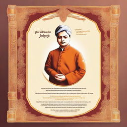 A beautifully embellished invitation for Vivekananda Jayanti, designed specifically for college students. The invitation should include symbols associated with Swami Vivekananda, such as spirituality and enlightenment, with contemporary university aesthetic.