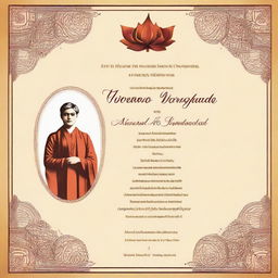 A beautifully embellished invitation for Vivekananda Jayanti, designed specifically for college students. The invitation should include symbols associated with Swami Vivekananda, such as spirituality and enlightenment, with contemporary university aesthetic.