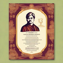 A beautifully embellished invitation for Vivekananda Jayanti, designed specifically for college students. The invitation should include symbols associated with Swami Vivekananda, such as spirituality and enlightenment, with contemporary university aesthetic.