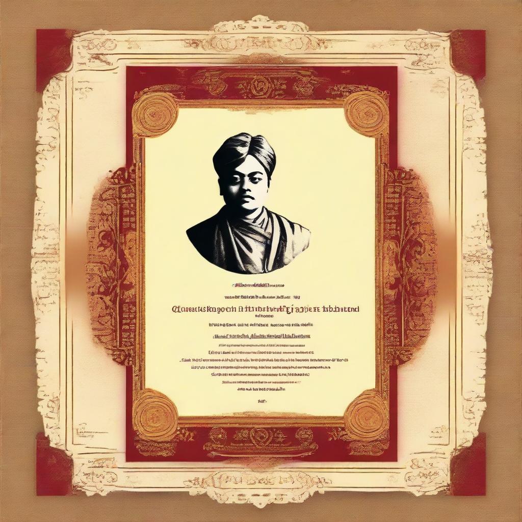 A beautifully embellished invitation for Vivekananda Jayanti, designed specifically for college students. The invitation should include symbols associated with Swami Vivekananda, such as spirituality and enlightenment, with contemporary university aesthetic.