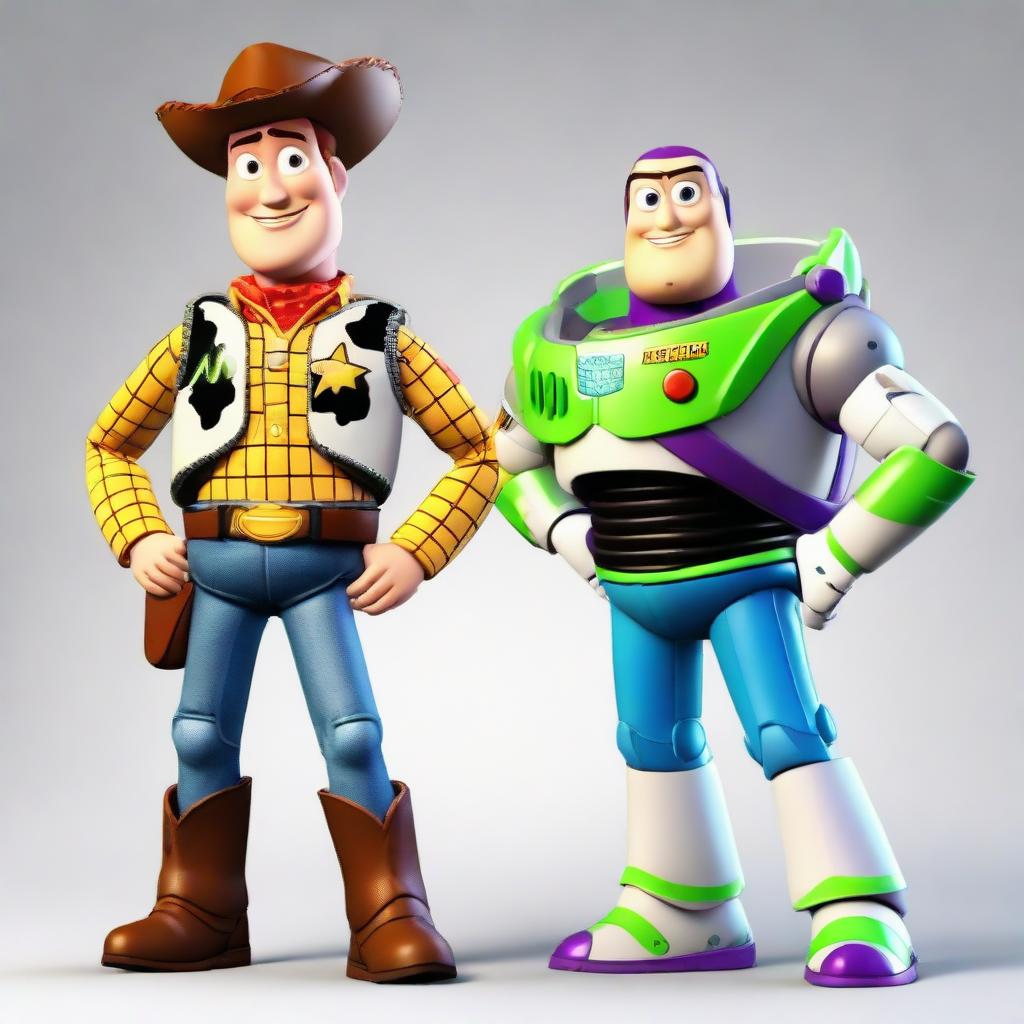 Hyper-realistic illustration of Buzz Lightyear and Woody from Toy Story depicted as real human beings, maintaining their signature outfits and unique personalities.