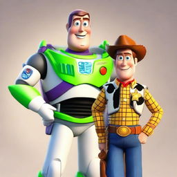 Hyper-realistic illustration of Buzz Lightyear and Woody from Toy Story depicted as real human beings, maintaining their signature outfits and unique personalities.