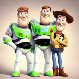 Hyper-realistic illustration of Buzz Lightyear and Woody from Toy Story depicted as real human beings, maintaining their signature outfits and unique personalities.