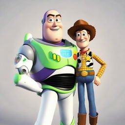 Hyper-realistic illustration of Buzz Lightyear and Woody from Toy Story depicted as real human beings, maintaining their signature outfits and unique personalities.