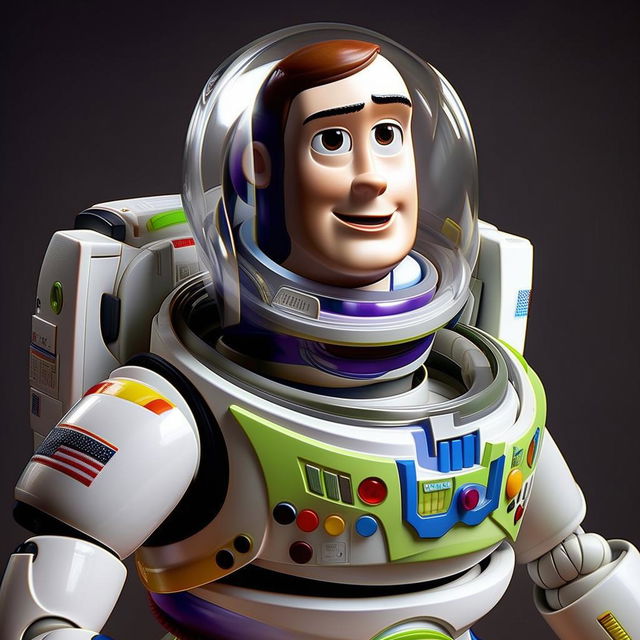 A hyper-realistic, lifelike depiction of Buzz Lightyear from Toy Story as a real astronaut, maintaining his distinct costume details and charismatic expression.