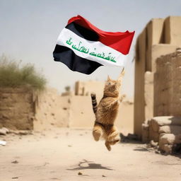 A playful cat gracefully leaping to catch an Iraqi flag fluttering in the breeze.