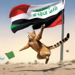 A playful cat gracefully leaping to catch an Iraqi flag fluttering in the breeze.