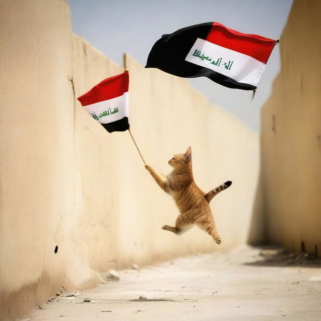 A playful cat gracefully leaping to catch an Iraqi flag fluttering in the breeze.