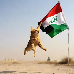 A playful cat gracefully leaping to catch an Iraqi flag fluttering in the breeze.