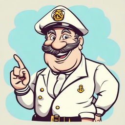 A cheery cartoon sea captain pointing optimistically