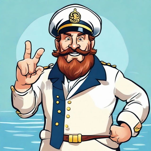 A cheery cartoon sea captain pointing optimistically