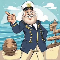 A cheery cartoon sea captain pointing optimistically