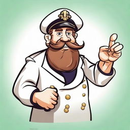 A cheery cartoon sea captain pointing optimistically