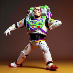 LeBron James striking a dynamic pose while wearing a detailed, realistic Buzz Lightyear suit from Toy Story, complete with helmet and body armor.