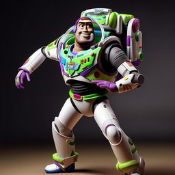 LeBron James striking a dynamic pose while wearing a detailed, realistic Buzz Lightyear suit from Toy Story, complete with helmet and body armor.