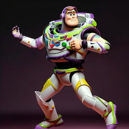 LeBron James striking a dynamic pose while wearing a detailed, realistic Buzz Lightyear suit from Toy Story, complete with helmet and body armor.