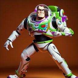 LeBron James striking a dynamic pose while wearing a detailed, realistic Buzz Lightyear suit from Toy Story, complete with helmet and body armor.