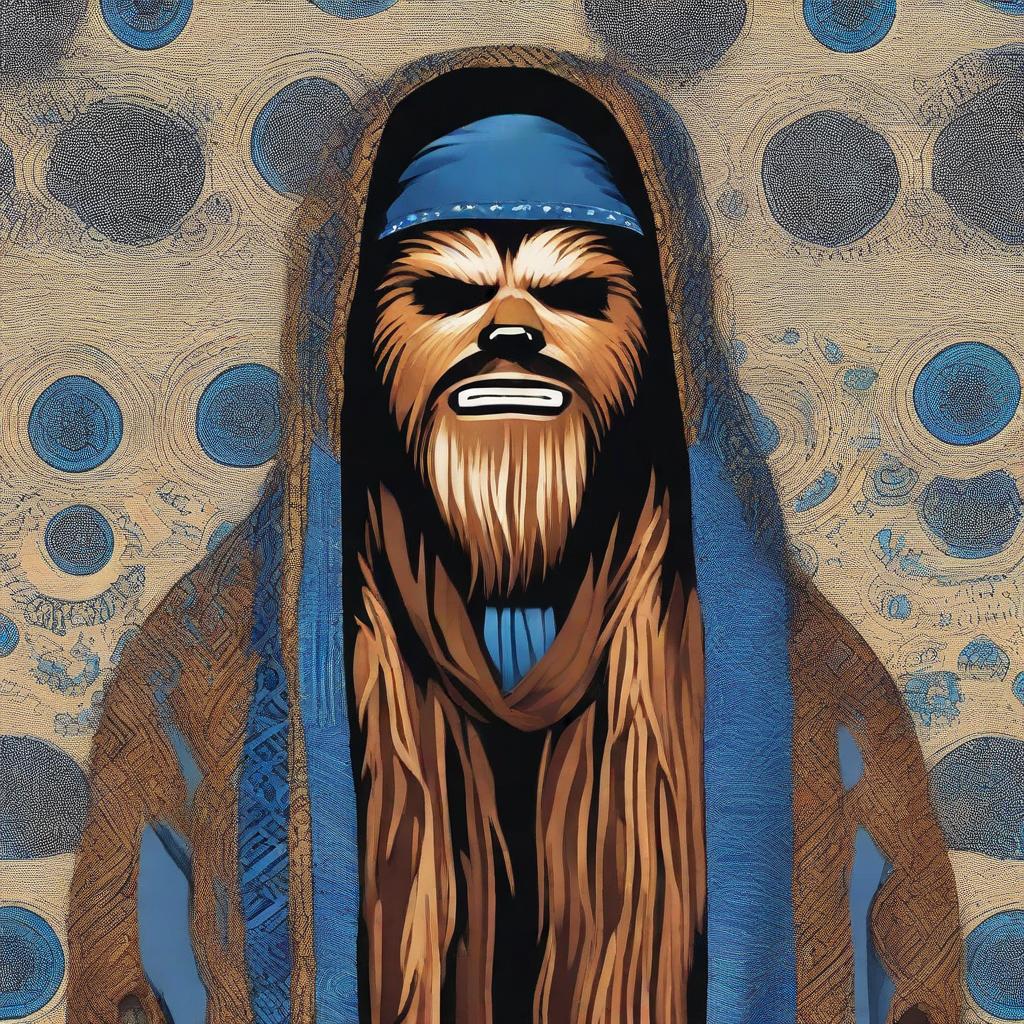 Chewbacca from Star Wars, an iconic figure of popular culture, wearing a culturally respectful dodger blue Hijab with intricate patterns woven within it