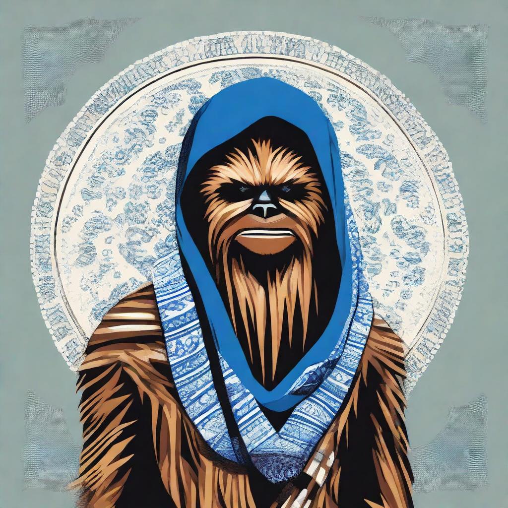 Chewbacca from Star Wars, an iconic figure of popular culture, wearing a culturally respectful dodger blue Hijab with intricate patterns woven within it