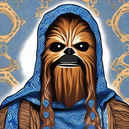 Chewbacca from Star Wars, an iconic figure of popular culture, wearing a culturally respectful dodger blue Hijab with intricate patterns woven within it