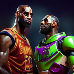 Hyper-realistic portrait of Lebron James and Buzz Lightyear together, in vibrant colors and detailed visual texturing.