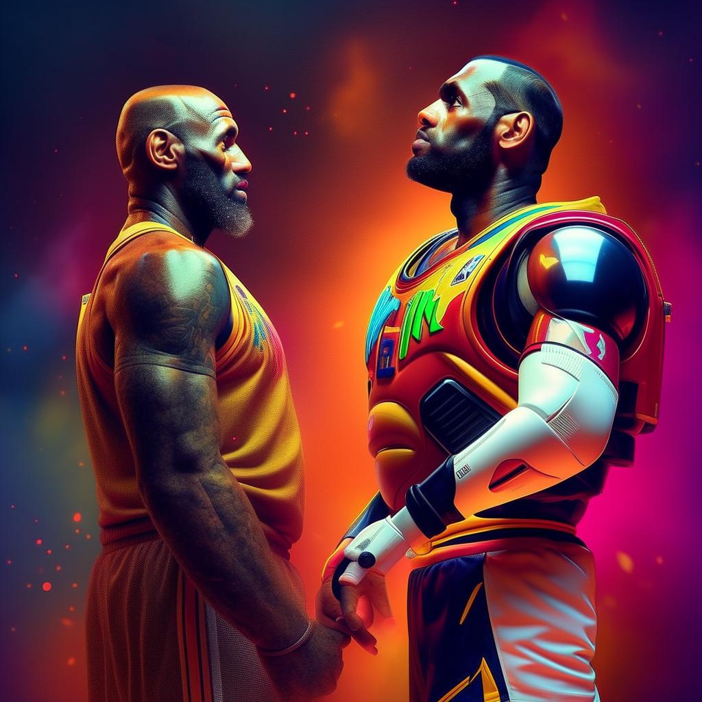 Hyper-realistic portrait of Lebron James and Buzz Lightyear together, in vibrant colors and detailed visual texturing.