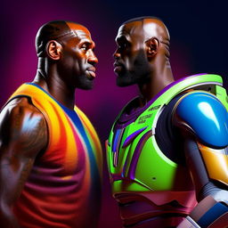 Hyper-realistic portrait of Lebron James and Buzz Lightyear together, in vibrant colors and detailed visual texturing.