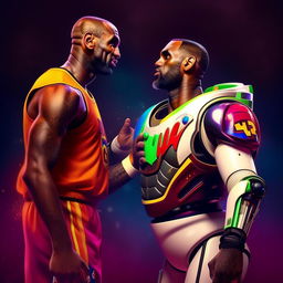 Hyper-realistic portrait of Lebron James and Buzz Lightyear together, in vibrant colors and detailed visual texturing.