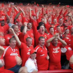 A group of fervent Red Men2008 ultra-fans celebrating in 2008. Context: football match, vibrant red attire, bursting with energy.