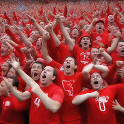 A group of fervent Red Men2008 ultra-fans celebrating in 2008. Context: football match, vibrant red attire, bursting with energy.