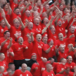 A group of fervent Red Men2008 ultra-fans celebrating in 2008. Context: football match, vibrant red attire, bursting with energy.